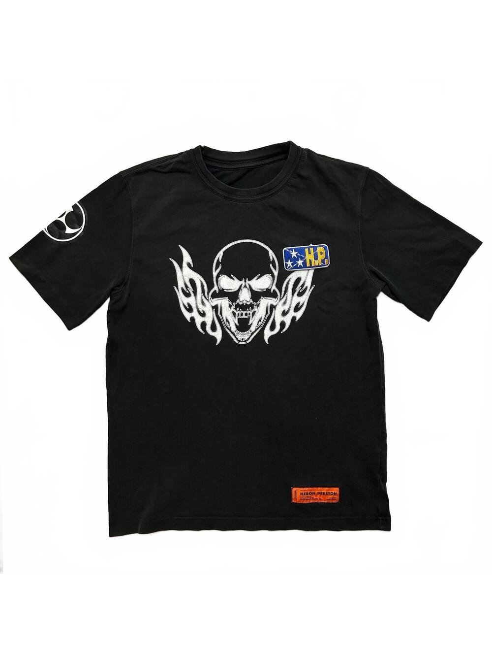 Heron Preston Short Sleeve Graphic Flaming Skull T-Shirt Size M Black Streetwear